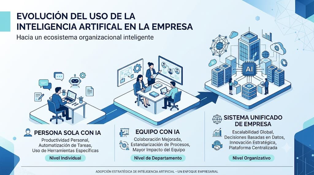 Infografía de la evolución del uso de la IA en la empresa: persona sola con IA a nivel individual, equipo con IA a nivel de departamento, y sistema unificado de IA a nivel organizativo